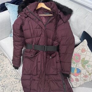 French Connection Long Quilted Puffer Coat with Belt - Plum